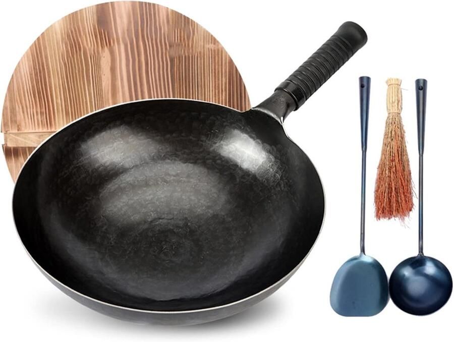 Handgehamerde Wok Roerbakpan IJzer Aziatisch Koken Ongecoat Gezond 32 Cm Zwart
