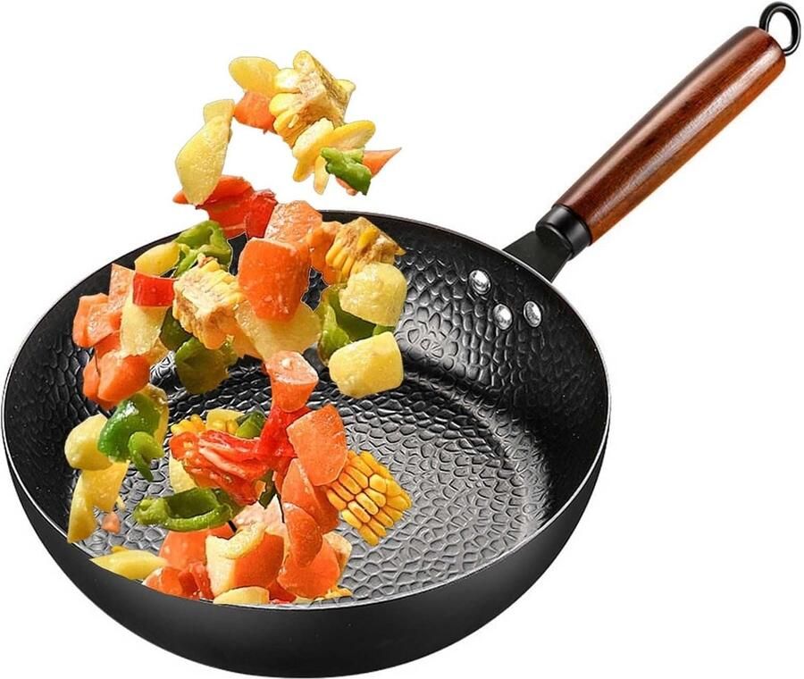 Handgehamerde Wokpan Kookpan Koekenpan Natuurlijk Koken Echt Fysiek Antiaanbak 28 cm Zwart