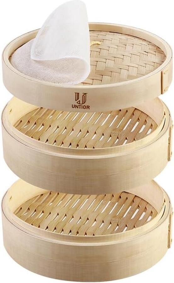 Handgemaakte Bamboe Stoommand met Katoenen Inleggers Traditionele Stomer voor Groenten Dim Sum en Meer (15 cm 2 Lagen)