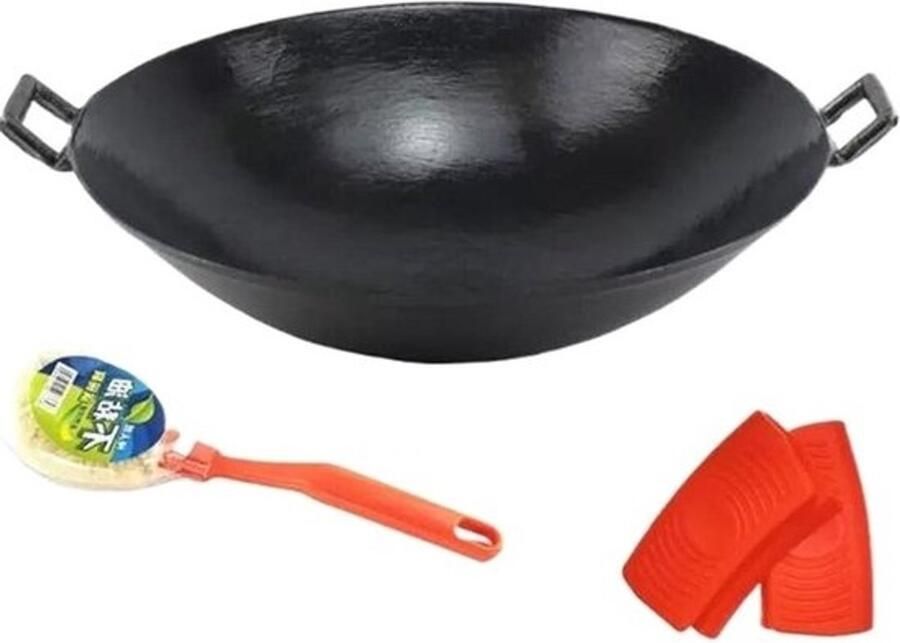 Handgemaakte gietijzeren wok zware Chinese braadpan zonder coating professionele wok voor gasfornuis grill en open vuur hoogwaardige ijzeren wok voor camping en outdoor (70 cm)