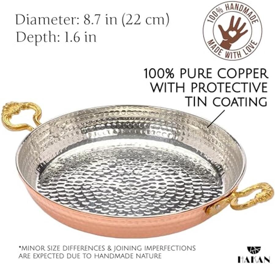Handgemaakte grote koekenpan van koper met dubbele handgrepen voor omelet 22 cm