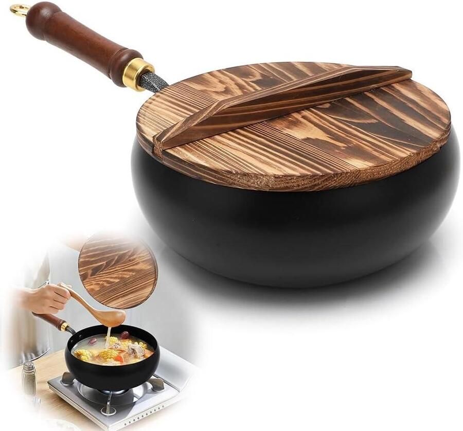 Handgemaakte Wok Gietijzeren Pan Koken op Inductie Handgesmeed Ontwerp 28 cm Zwart