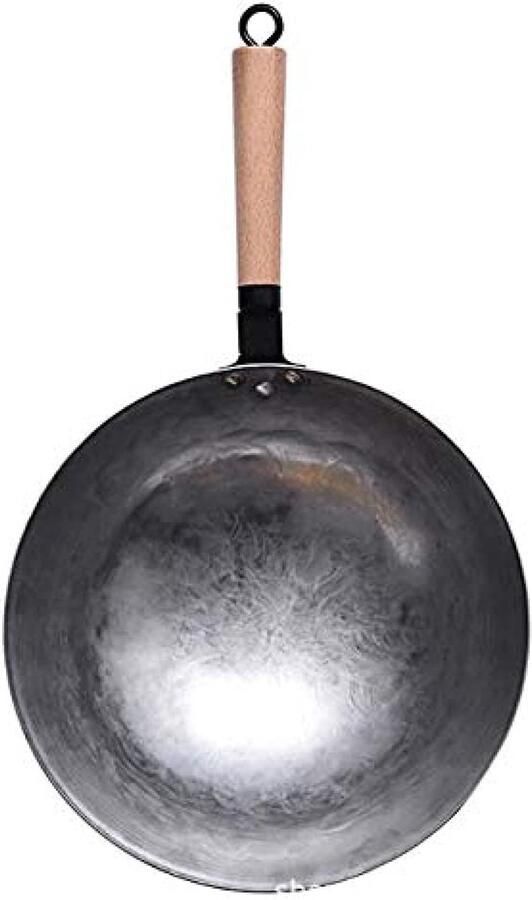 Handgemaakte Wok Koekenpan Gezond Koken Voorgekruid Koolstofstaal 34cm Zwart