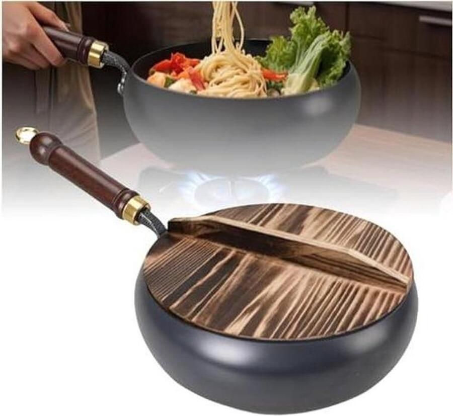 Handgesmede Wok Roerbakpan Chinese pan Aanbraden en koken Dikwandig gietijzer 24 cm Zwart