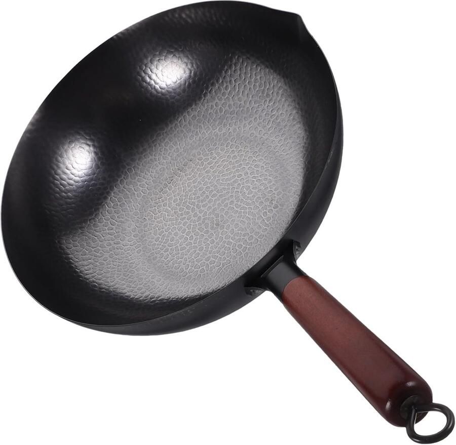 Handgesmede Wokpan Chinese Wok Platte Koekepan Koken op Gasfornuis Ergonomisch Houten Handvat 54.50X32.70X9.60CM Zwart