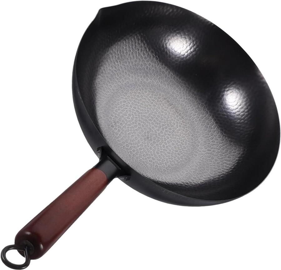 Handgesmede Wokpan Chinese Wok Platte Koekepan Koken op Gasfornuis Ergonomisch Houten Handvat 54.50X32.70X9.60CM Zwart
