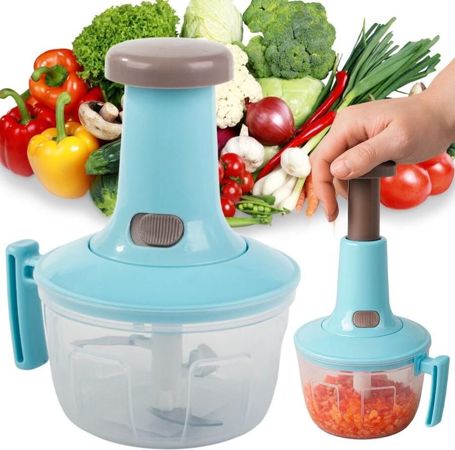 Handhakker Groentehakker Keukenmixer Handmatige hakmolen 2-in-1 hakker en mixer Mini hakmolen Groente snijder RVS messen hakker Blauw