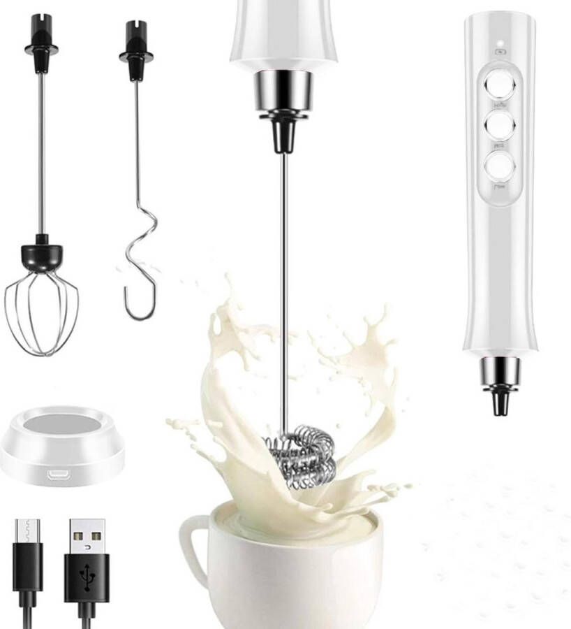 Handheld Milk Frother USB Rechargeable 3 Speeds Electric Whisk 3 Garden White