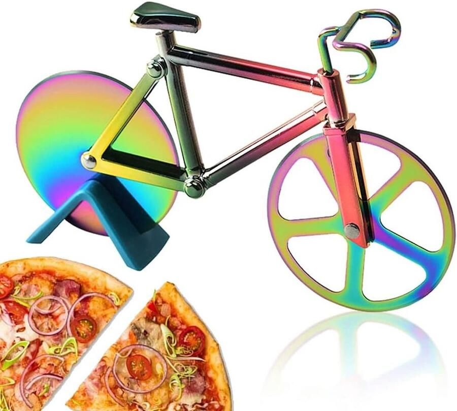 Handige Pizzasnijder in Fietsdesign van RVS met Antiaanbaklaag en Plastic Houder voor Feestjes en Barbecues