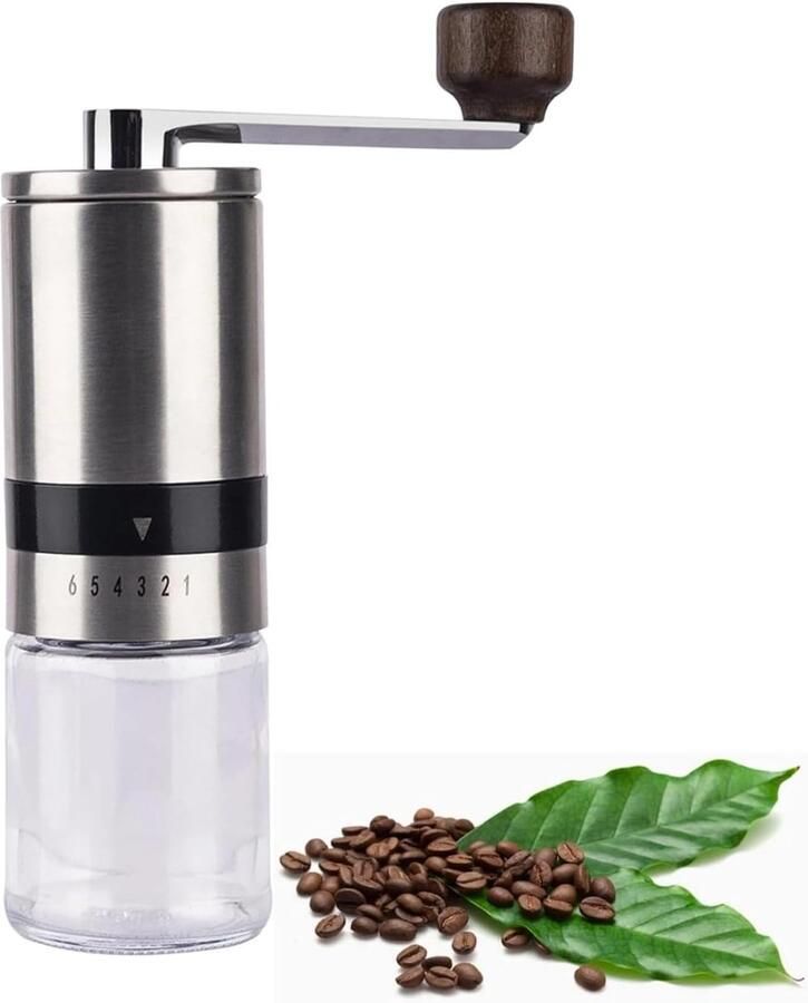 Handkoffiemolen Draagbare Molen Verse Koffie Zetten 6 Maalinstellingen 9 x 6 x 168 cm Zilver