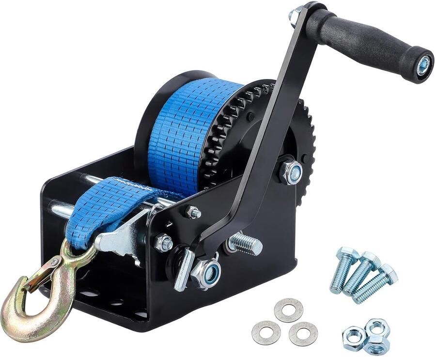 Handlier lier met 10 m polyester kabel 1365 kg 4:1 8:1 handmatige kabellier bootlier incl. veiligheidslasthaak met veiligheidsklep Blauw Handmatige bootlier met handslinger 2 versnellingen 4:1 8:1 voor aanhanger boot terreinwagen