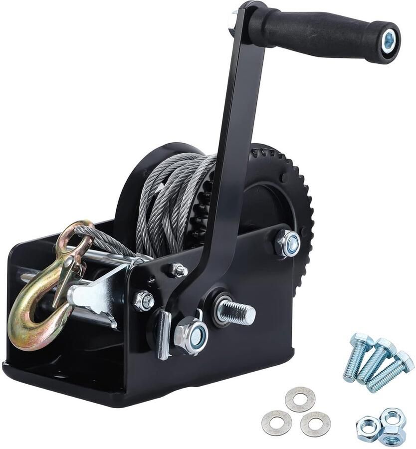 Handlier lier met 9 5 m draad lier boten lier 1365 kg 4:1 8:1 handmatige kabellier bootlier incl. veiligheidslasthaak met veiligheidsklep Zwart Handlier met rem incl. veiligheidslasthaak met veiligheidsklep handslinger met softgrip