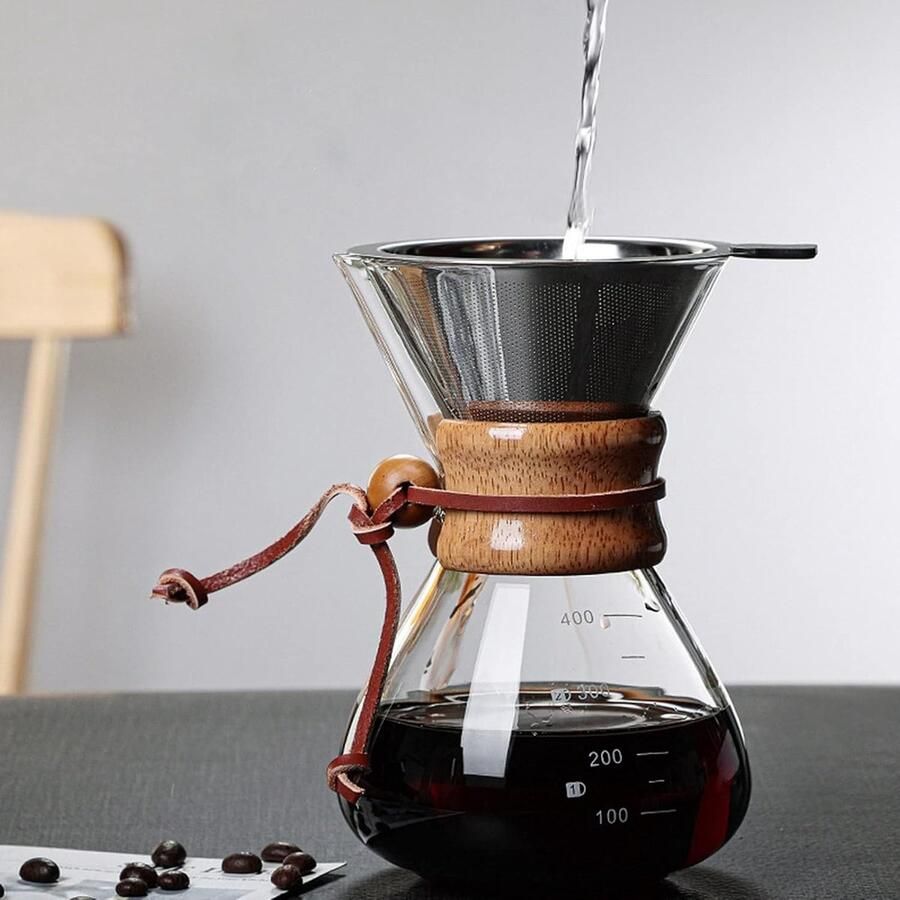 Handmatig glazen koffiezetapparaat 400 ml permanent filterkoffiezetapparaat van roestvrij staal met houten handvat voor thuis kantoor en reizen