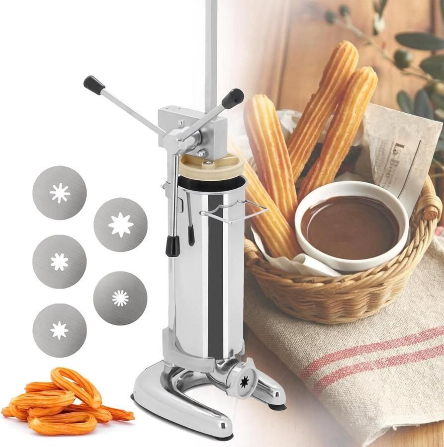 Handmatige Churro Maker Dessert Pers Zelf Gebak Maken Vijf Spuitmonden 3L Capaciteit Zilverkleurig