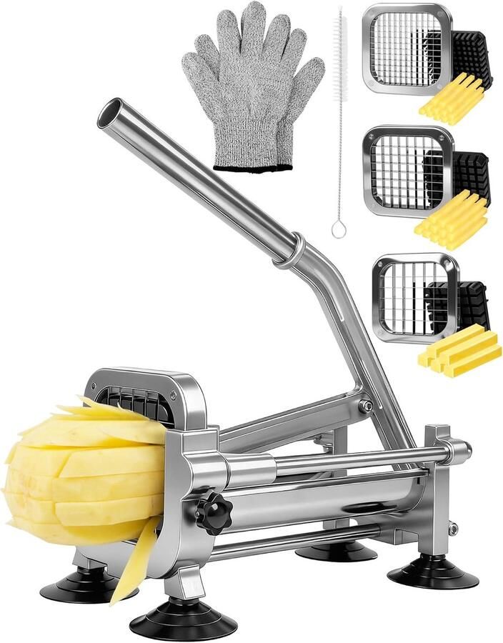 Handmatige frietsnijder van roestvrij staal met 3 messen (6 5 9 13 mm) XL-box en 4 ultra-stabiele zuignappen voor zelfgemaakte friet zoete aardappelen groenten handmatige