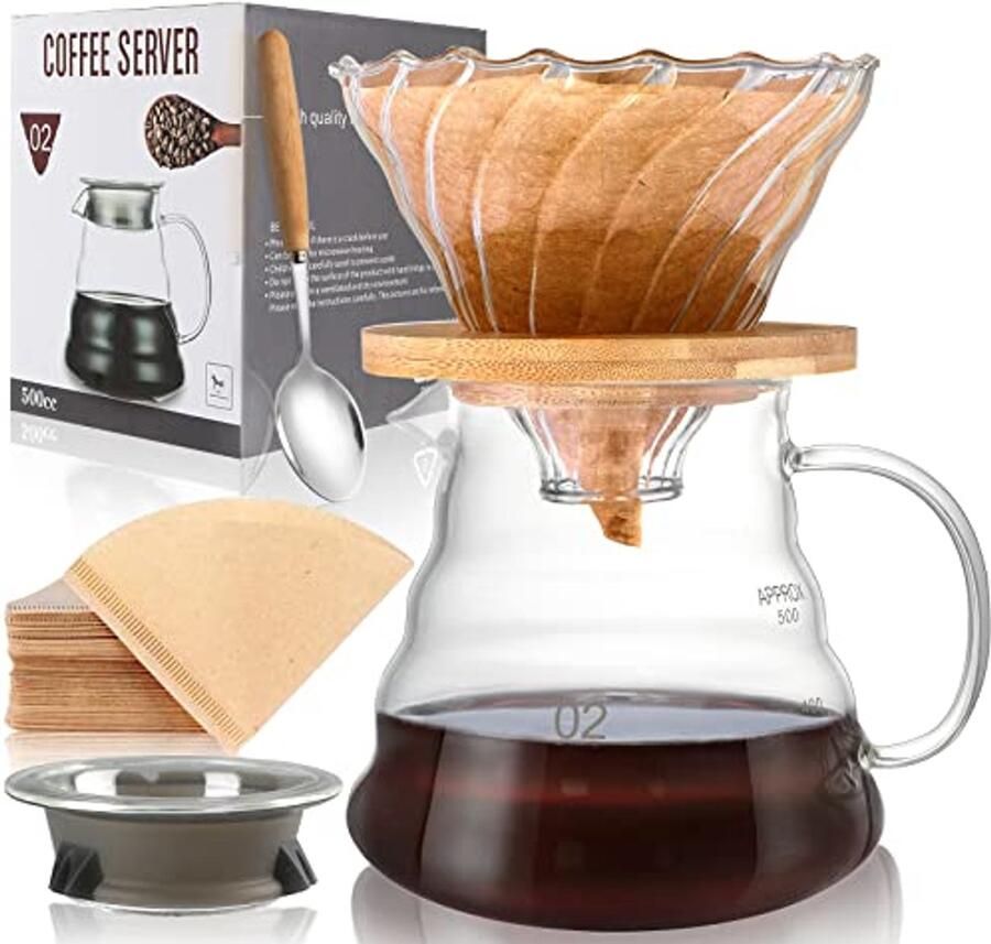 Handmatige glazen koffiezetter met 500ml koffiekan en 40 papieren filters