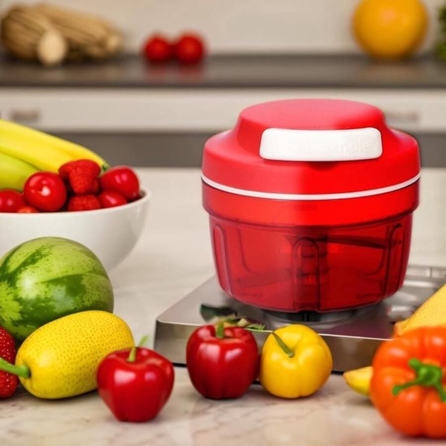 Handmatige groentesnijder met trekkoord – Uienhakker – Voedselhakker – Vleesmolen – Handmatige hakmolen met trekkoord – Blender – Knoflookhakker – Keukenaccessoire (hakmolen voor vlees groente en garnalen & knoflookpers) – Rood