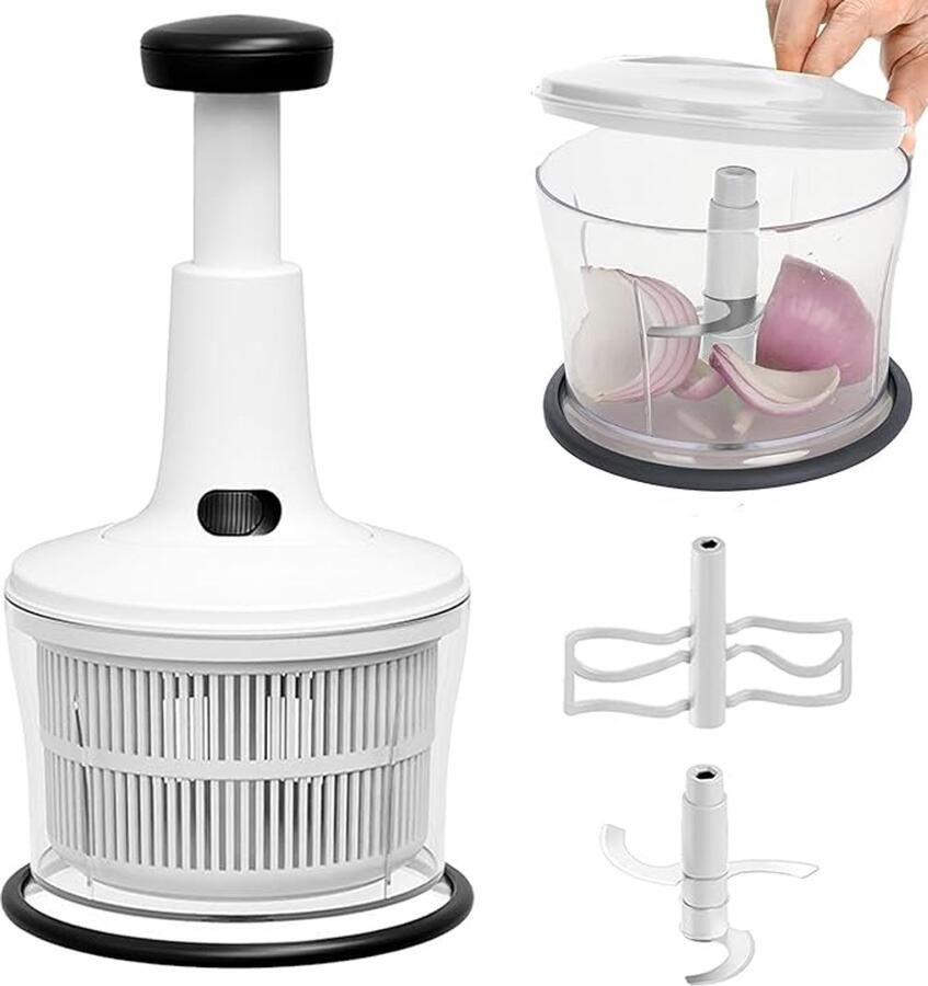 Handmatige hakmolen 1200 ml multifunctionele hakmolen handmatige uiensnijder met afdruipmand groentesnijder voor fijnmaken dehydreren en roeren 29 x 15 5 cm (wit)