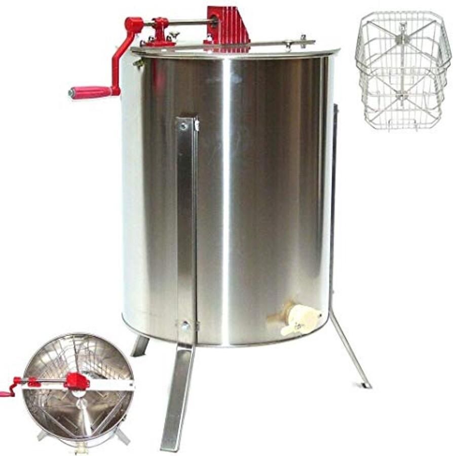 Handmatige honingcentrifuge met 4 honingraatkorven van roestvrij staal