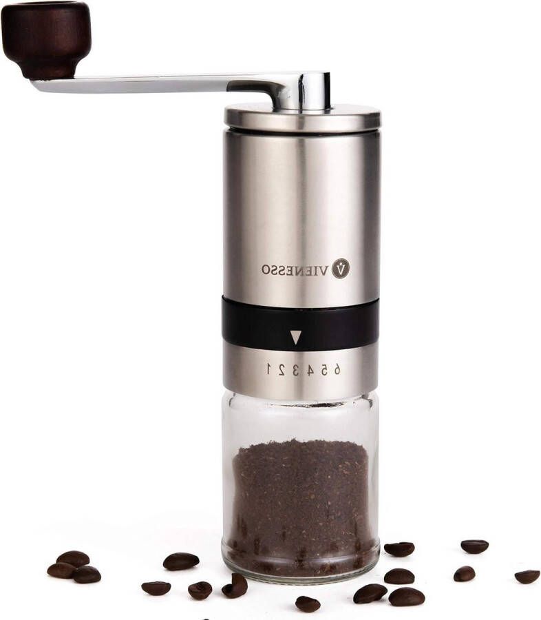 Handmatige Koffiemolen met Keramisch Maalwerk Roestvrij Staal en Glazen Reservoir 6 Maalstanden Incl. E-book - Foto 2