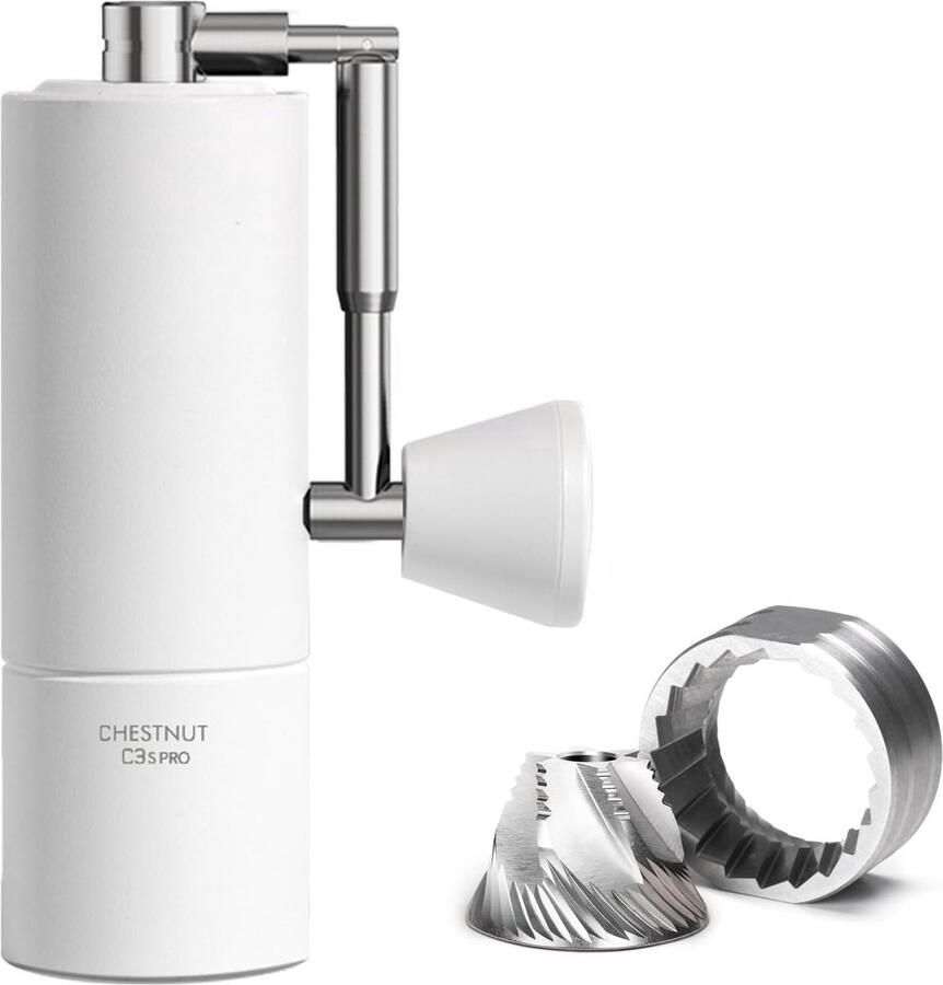 Handmatige koffiemolen met kegelvormige schijven en inklapbare hendel roestvrij staal wit