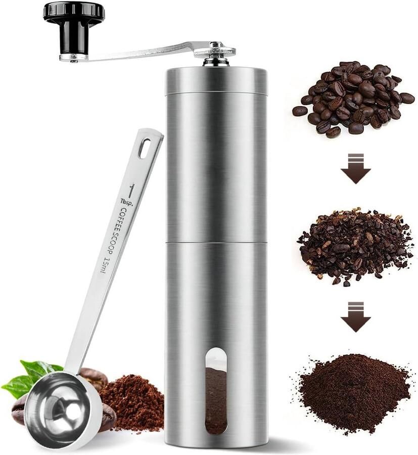 Handmatige Koffiemolen van Roestvrij Staal met Keramische Kegelmolen Instelbare Maalgraad Volledig Wasbaar Draagbaar & Compact