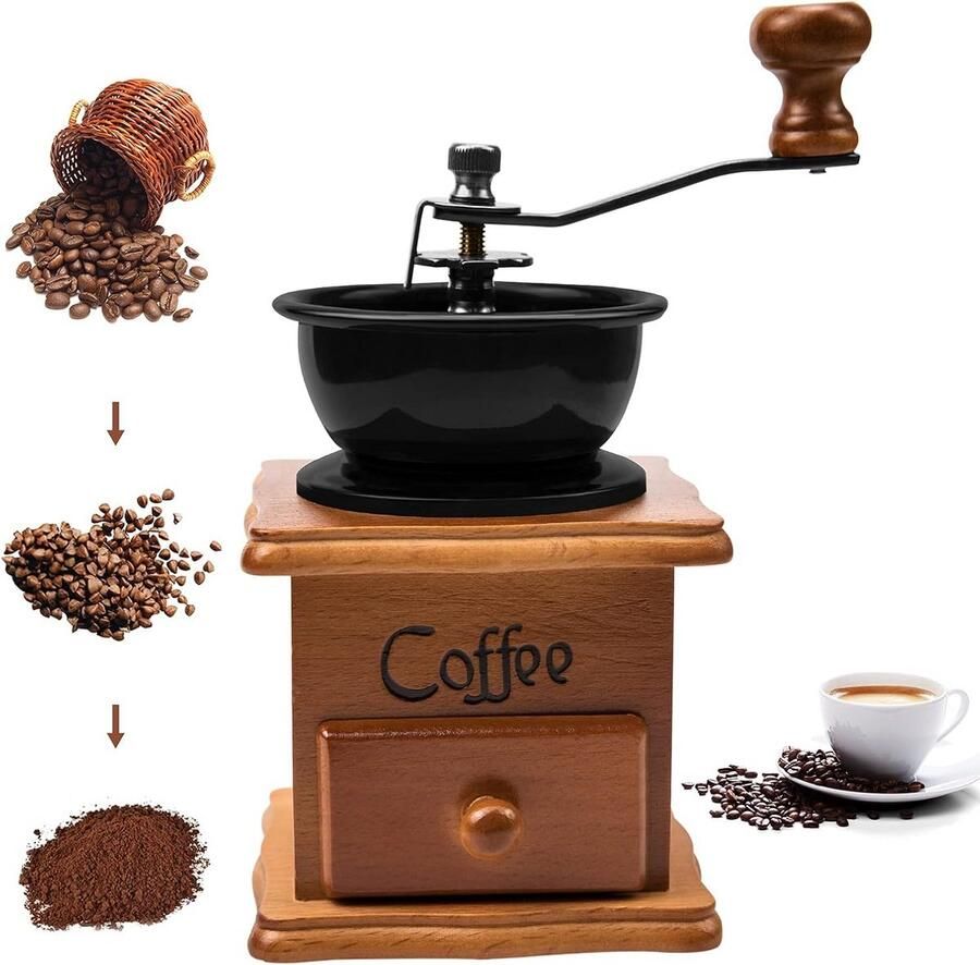 Handmatige Koffiemolen Vintage Stijl met Instelbare Maalgraad Houten Bonenmaler voor Espresso en Filterkoffie