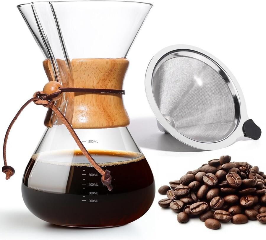 Handmatige Koffiezetapparaat met Glaskan & Herbruikbaar Filter 8 Kops Druppelkoffie Set