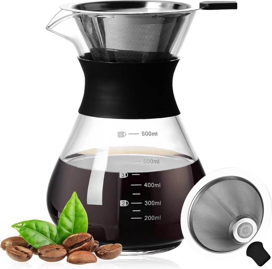 Handmatige Koffiezetter Glas 600 ml met RVS Filter voor Filterkoffie Thuis en Camping