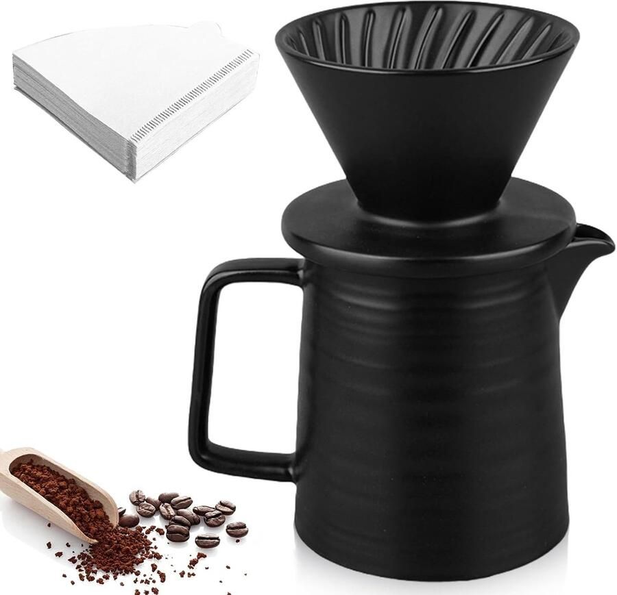 Handmatige Koffiezetter met Porseleinen Filter en 100 Papieren Filters 450ml Capaciteit Ideaal voor Thuis Kantoor en Kamperen