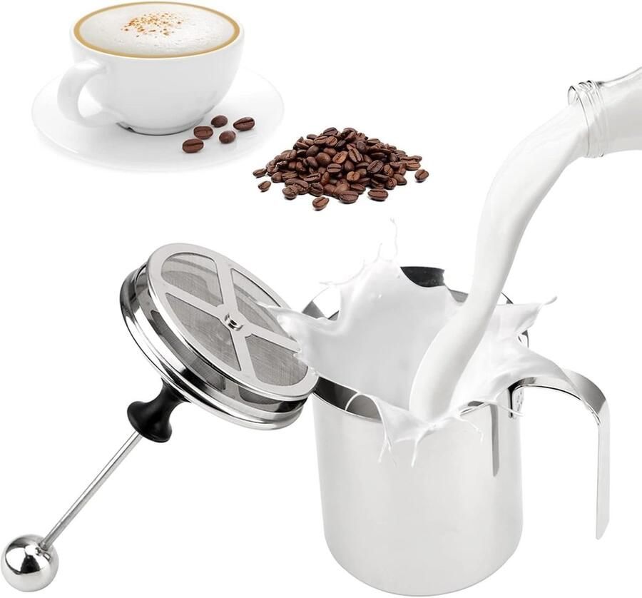 Handmatige melkopschuimer 800 ml roestvrij staal dubbelgaas geschikt voor koffie latte warme chocolademelk en cappuccino 20 x 10 x 9 5 cm