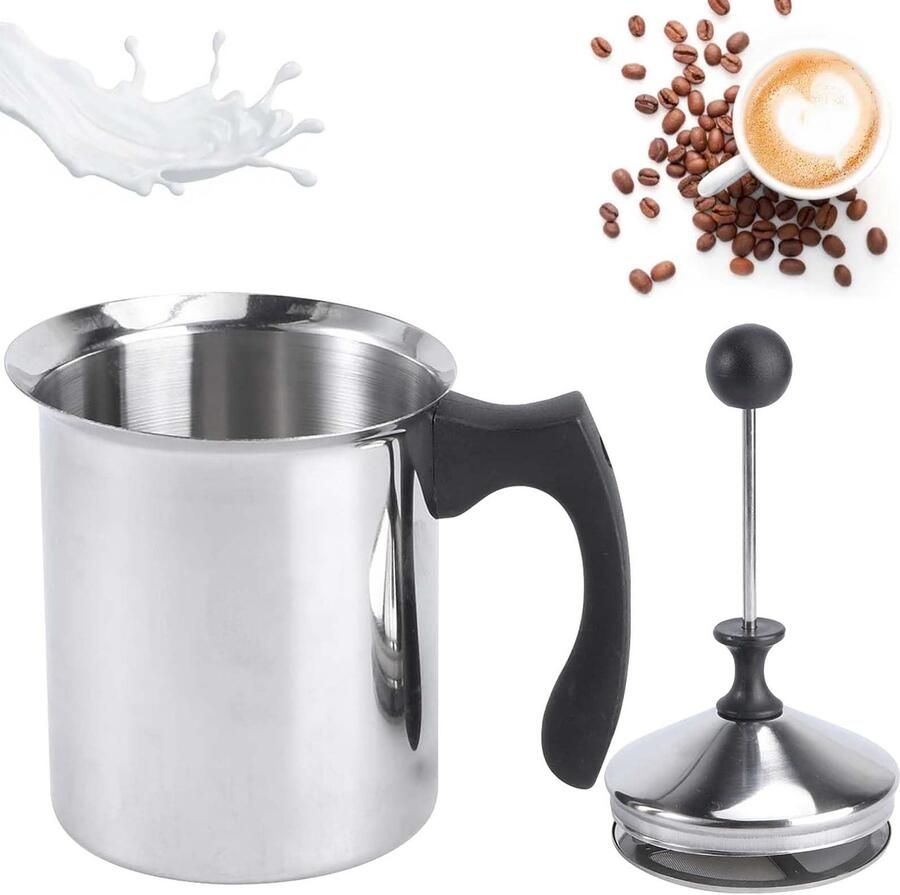 Handmatige melkopschuimer 800 ml roestvrij staal handmelkopschuimer handmatige opschuimer met koffietrekdoorn perfect melkschuim dankzij dubbele zeef en speciaal drukmechanisme
