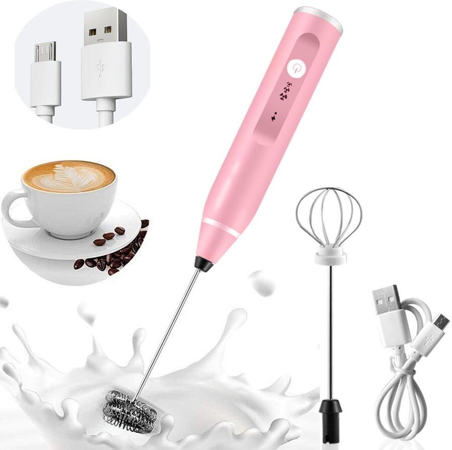 Handmatige Melkopschuimer USB Oplaadbaar met 2 Opzetkoppen Elektrische Latte & Cappuccino Melkopschuimer met 3 Snelheden Voor Koffie Warme Chocolade en Eieren Roze