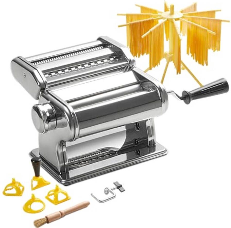 Handmatige Pastamachine van Roestvrij Staal 9 Dikkte-instellingen en 2 Snijbreedtes voor Lasagne Spaghetti Fettuccine en Ravioli