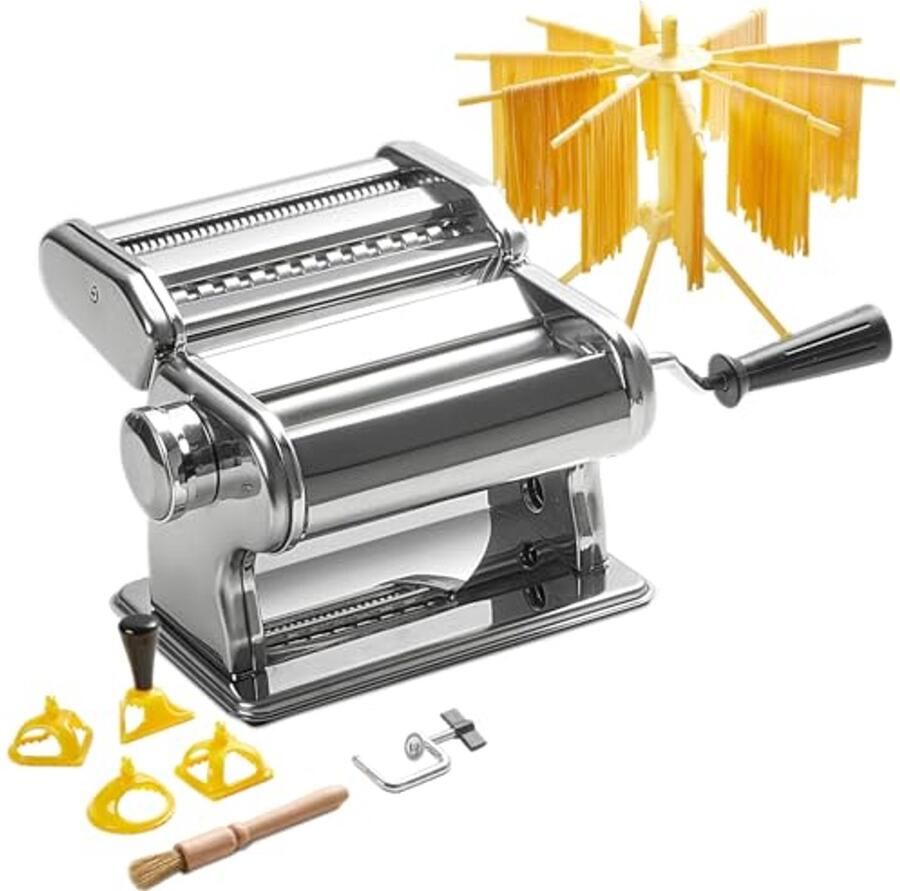 Handmatige Pastamachine van Roestvrij Staal 9 Dikkte-instellingen en 2 Snijbreedtes voor Lasagne Spaghetti Fettuccine en Ravioli