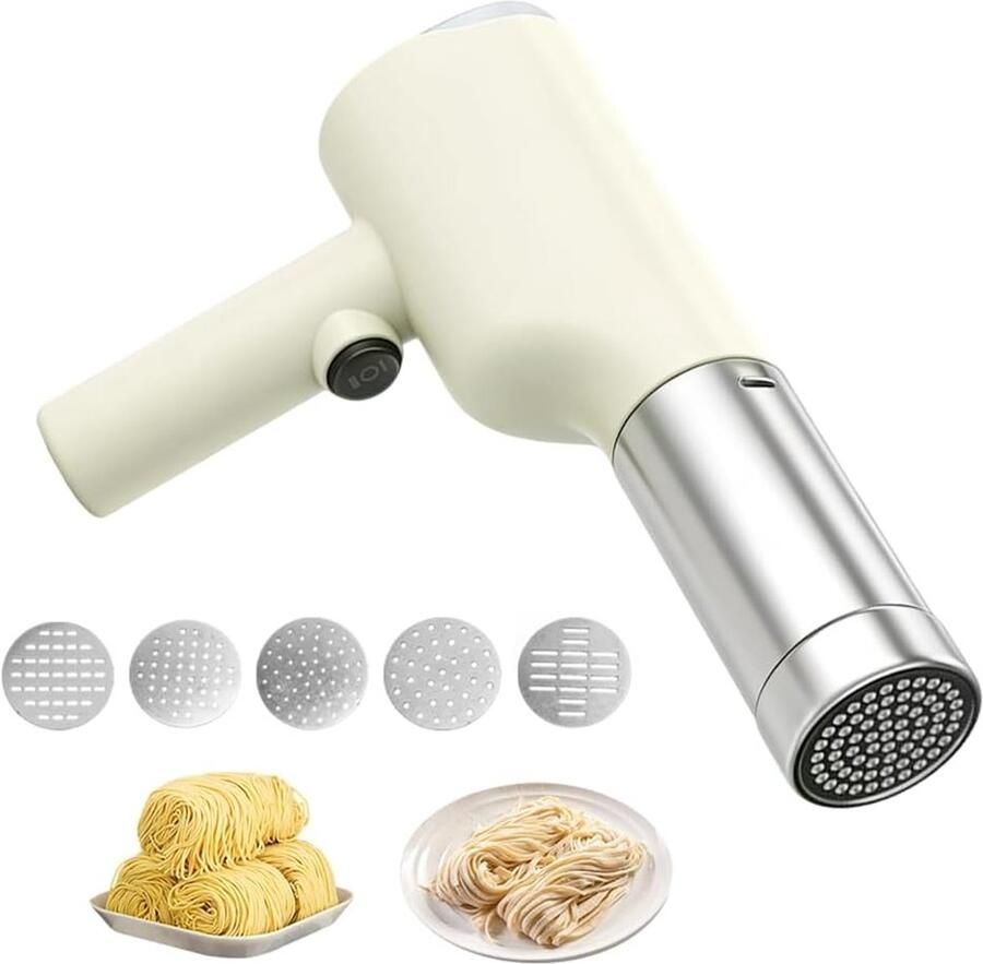 Handmatige Pastamaker Draadloze en Oplaadbare Machine met 5 Persmallen voor Spaghetti en Fettuccine Ideaal voor Thuisgebruik en Koken met Versdeeg