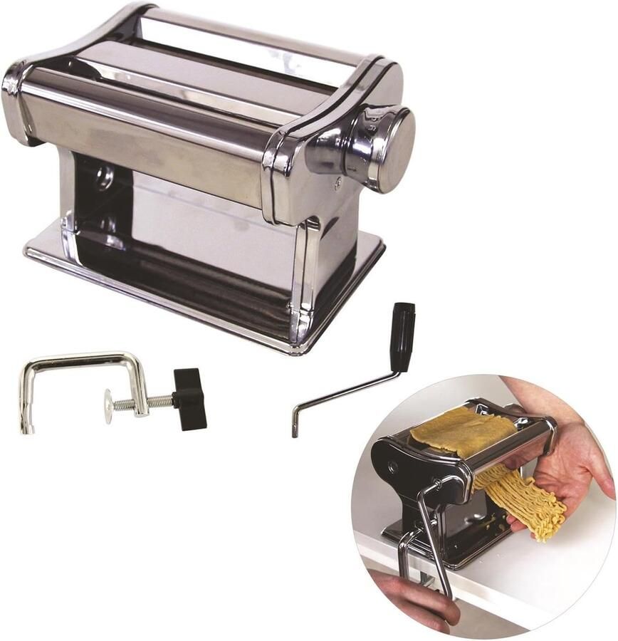 Handmatige Pastamaker RVS Pastamachine Voor Zelfgemaakte Pasta Spaghetti Tagliatelle en Fettuccine Inclusief Klem Perfect voor Verse Pasta Zilver