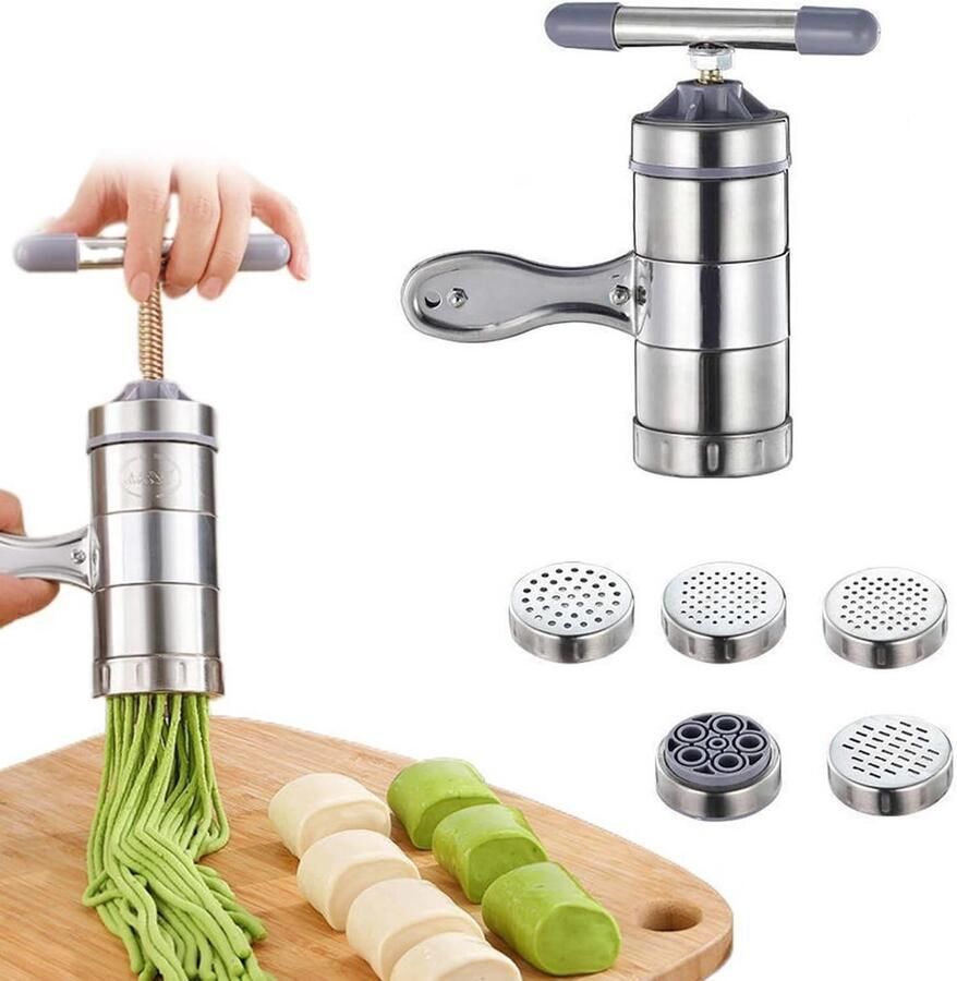 Handmatige Pastamaker van RVS Draagbare Spaghetti Machine met 5 Mallen voor Versgemaakte Pasta Ideaal voor Thuis of Restaurant 18 x 13.5 x 9 cm