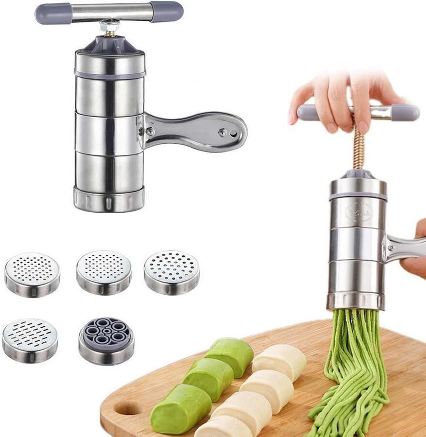 Handmatige pastampers van roestvrij staal draagbare pastamachine spaghettimachine met 5 pastamvormen de pastamachine voor verse pasta voor thuis of in het restaurant 18 x 13 5 x 9