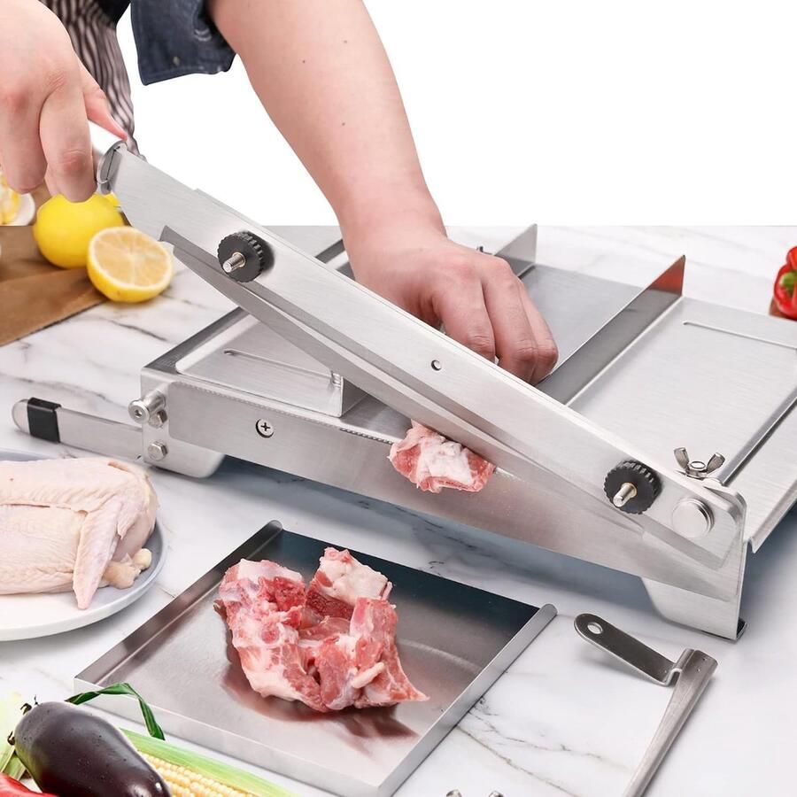 Handmatige snijmachine Bevroren Vlees Snijmachine Botten Snijmachine Roestvrij Staal Dubbele Bladen Verstelbare Dikte 0-15 mm voor Ribben Lamsvlees Varkensvlees Vis Groenten (KD0289)