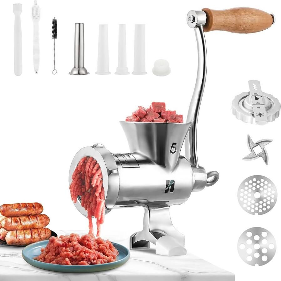 Handmatige Vleesmolen RVS met Worstvulinrichting en Koekjesopzetstuk Vaatwasmachinebestendig