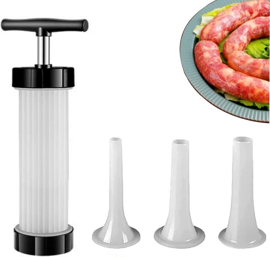 Handmatige worstvuller Eenvoudige handmatige worstmaker Handmatige worstduwer Met 3 vulbuizen Voor het maken van worsten van verschillende groottes 28.5*9.5cm