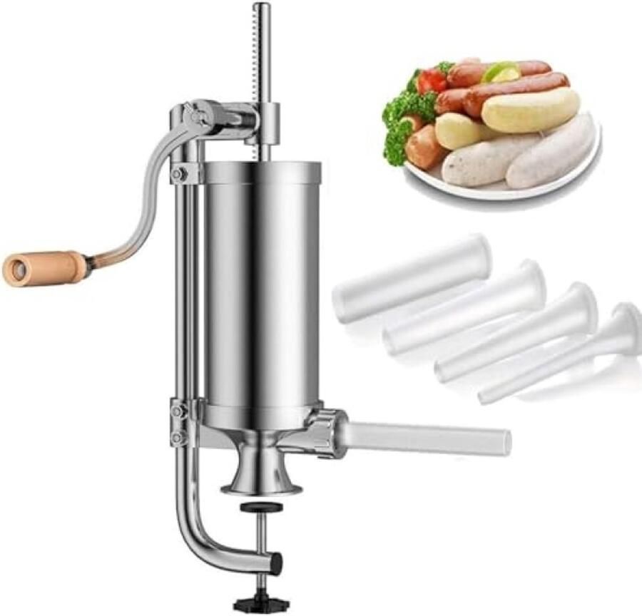 Handmatige worstvuller van roestvrij staal 5 liter capaciteit met 4 verschillende spuitmonden