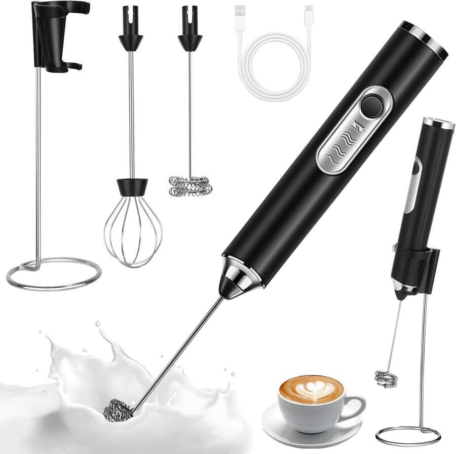 Handmelkopschuimer USB – 3 snelheden 2 kloppers met standaard zwart Draadloos en oplaadbaar – voor cappuccino latte en cocktails