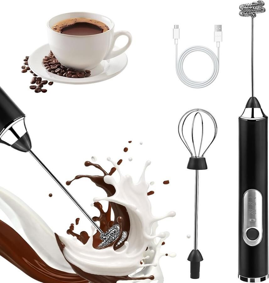 Handmelkschuimer oplaadbaar voorzien van 2 roestvrijstalen roerstaafjes elektrische drankblender met 3 snelheden roerstaafje voor latte cappuccino matcha warme chocolademelk en een zwarte eierblender - Foto 1