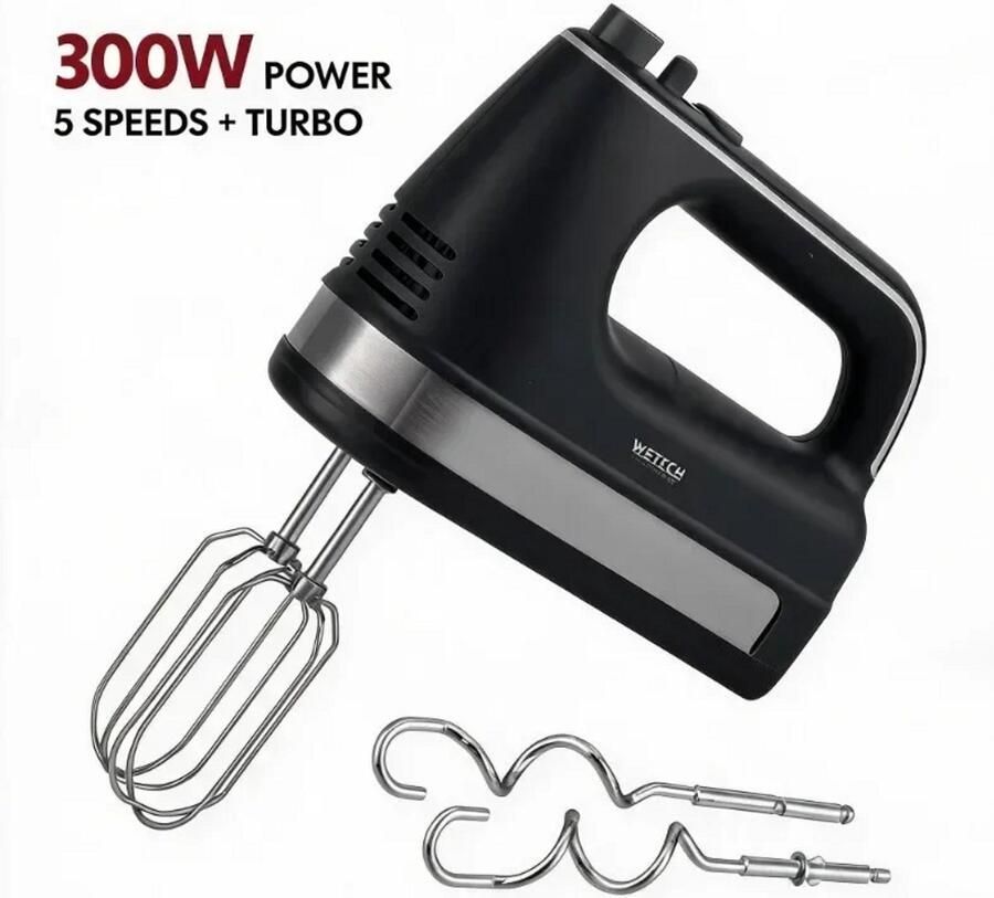 Handmixer 300W – 5 Snelheden + Turbo – Elektrische Mixer met Gardes en Deeghaken – Zwart
