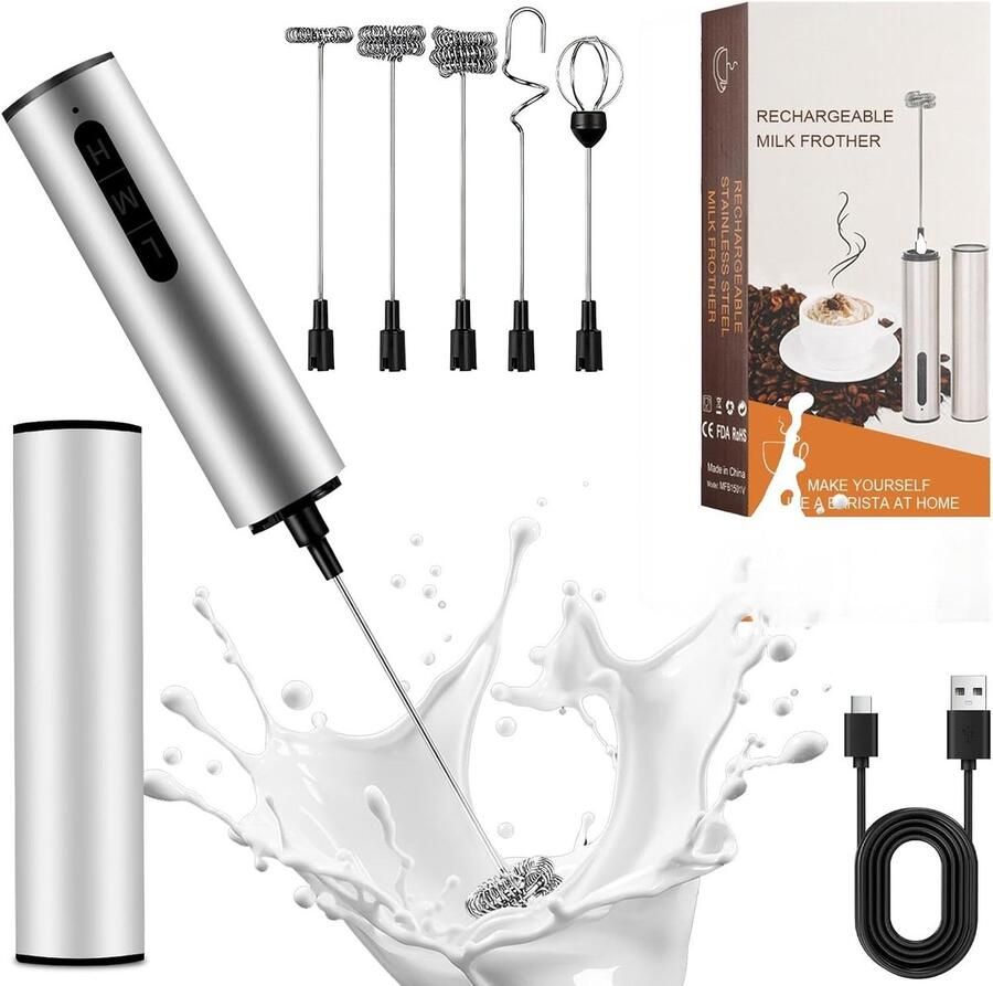 Handmixer Blauw Draagbare Melkopschuimer met 3 Snelheden en 5 Opzetstukken Voor Koffie Matcha en Eieren