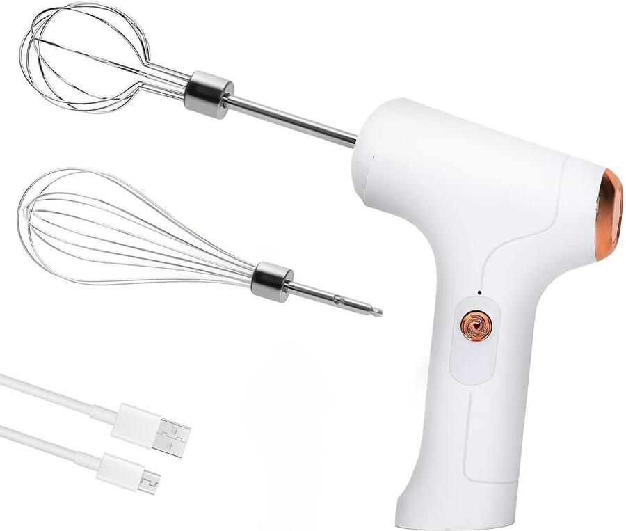 Handmixer Draadloze elektrische handmixer Geschikt voor thuisgebruik USB-oplaadbaar 304 roestvrij staal Geschikt voorzien van 2 afneembare messen 3 snelheidsstanden Geschikt voor bakken in de keuken (wit)
