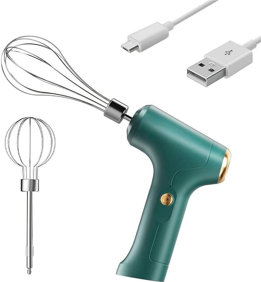 Handmixer Draadloze elektrische handmixer Geschikt voor thuisgebruik USB-oplaadbaar 304 roestvrij staal Geschikt voorzien van 2 afneembare messen 3 snelheidsstanden (groen) Geschikt voor bakken in de keuken