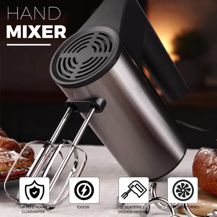Handmixer Elektrische handgarde 1000W roestvrijstalen handmixers voor bakken Turbo Boost zelfregelende snelheid + 5 snelheden + uitwerpknop + 4 roestvrijstalen accessoires voor eenvoudig kloppen van deeg en room